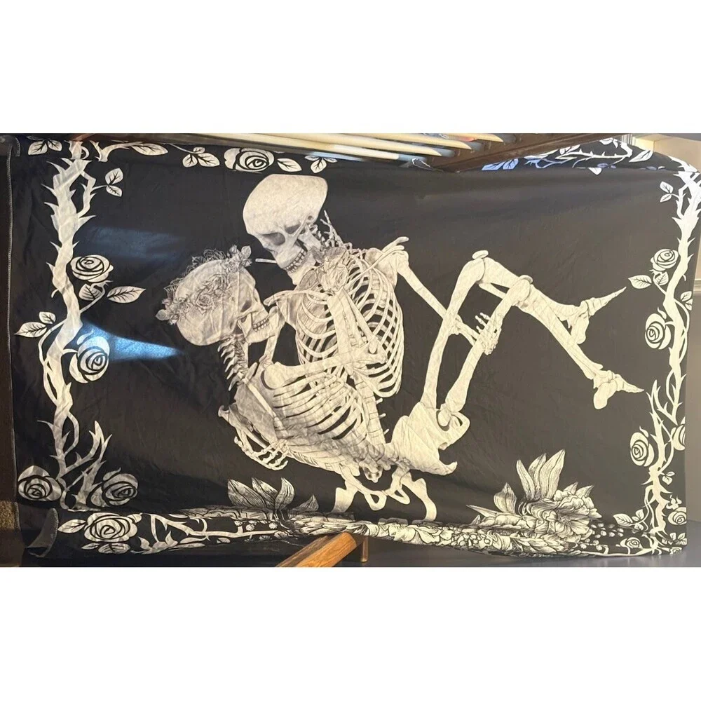 Skeleton Tapestry Gothic Wall Tapestries Black White Roses Love